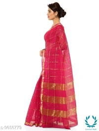  Kota Doria Cotton Zari Stripes Checks saree with Unstitched Blouse piece - Saree Length Size:5.5m Blouse Length Size:0.8m, Pink, Saree And blouse Fabric: Cotton Blend, Striped , Pack of :1
